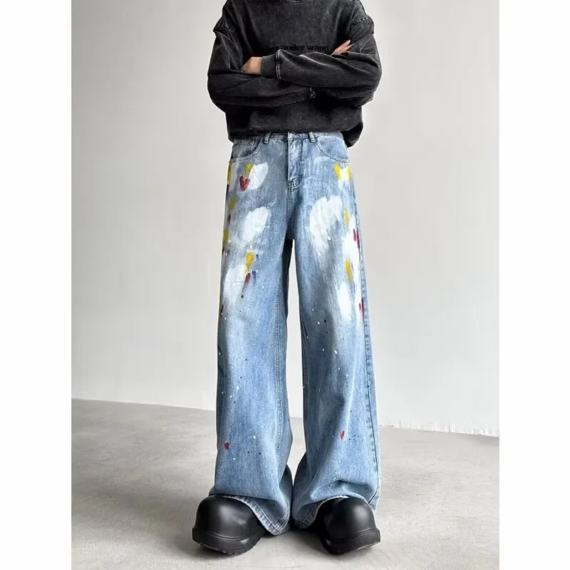 2026 Cyber Y2K Fashion Painting Graffiti Vintage Blue Baggy New Jeans Pants For Men Clothes Streetwear Hip Hop Denim Trousers