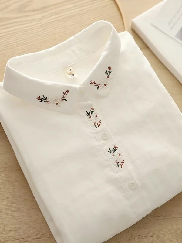 Elegant Embroidered Flower Doll Collar Double Layer Cotton Baby White Shirt Women Long Sleeve Base Shirt Trendy Commute Style...