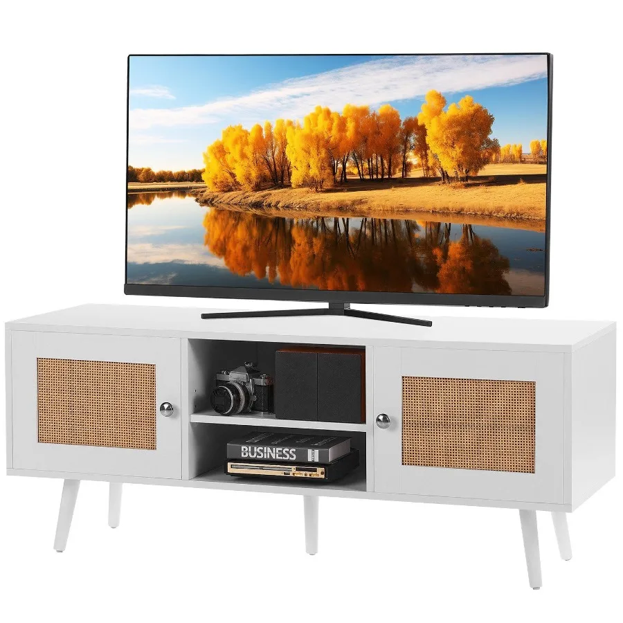 

Rattan TV Stand Boho TV Cabinet for 55 inch TV Mid Century Modern TV Stand Rattan TV Console with Adjustable Shelfs for Living