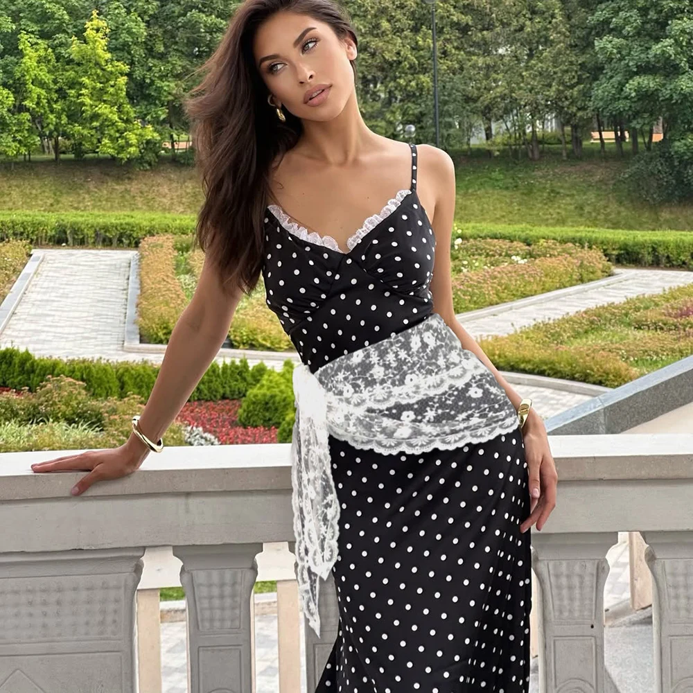 

Tuularose Lace Polka Dot Long Dress For Women Sleeveless Backless Strapless Dress Female Fashion Elegant Party Slim Long Dresses