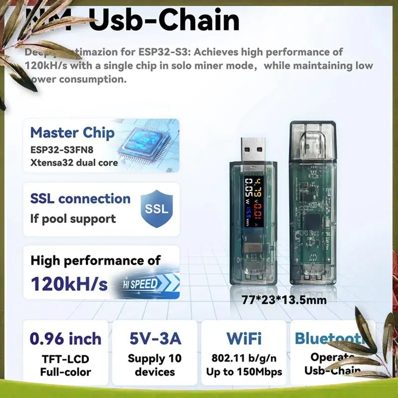 

New-Nmminer Miner 117KH/S USB-цепочка ESP32 Crypto Miner с адаптером BTC Solo Lottery Miner Амперметр USB-A Series Form Chain