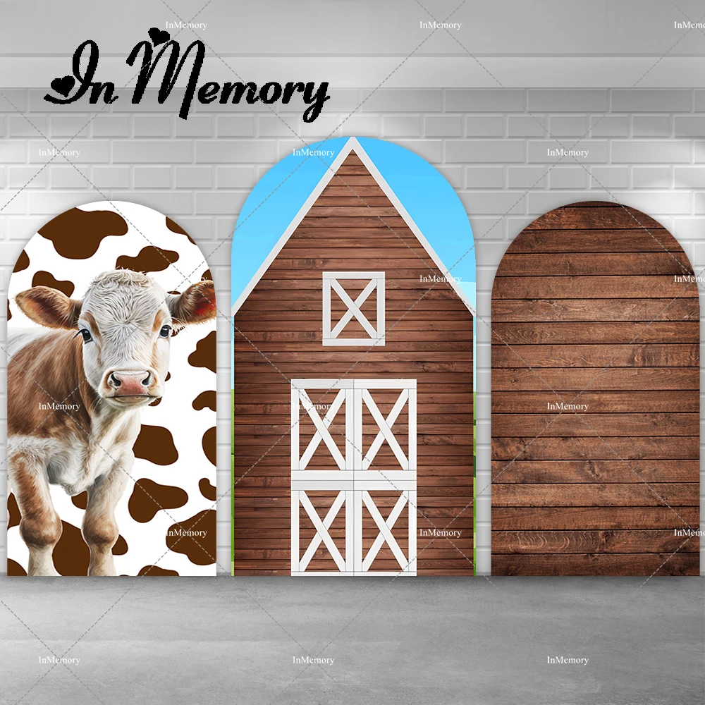 Cow Print Fram Theme Kids Birthday Party Arch Backdrop Cover Retro Brown Wood Photography Backgrounds Doubleside