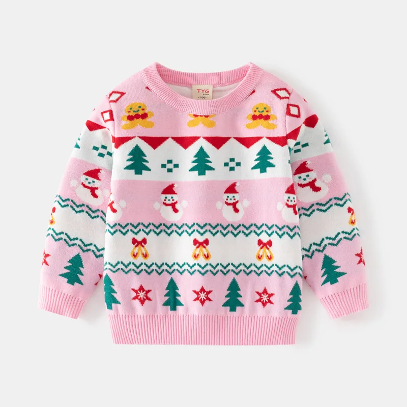 

2025 Girls Casual Cartoon Snowman Jacquard Christmas Warm Knitted Pullover Sweater Toddler Knitwear Kids Autumn Winter Sweaters