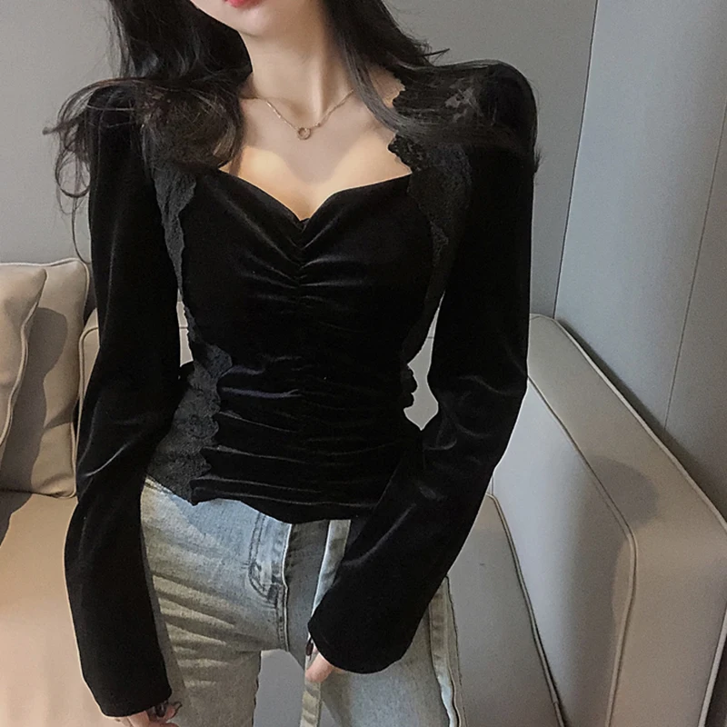 Sexy Lace Patchwork Shirts Women Elegant Black Mesh Velvet Blouses Korean Fashion Temperament Slim Fit Bottoming Pullovers Tops