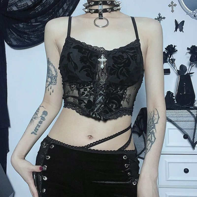 Pizzo vedere attraverso floccaggio centro commerciale canotta gotica Grunge Sexy fasciatura aderente Crop top donna nero Emo Alt Streetwear