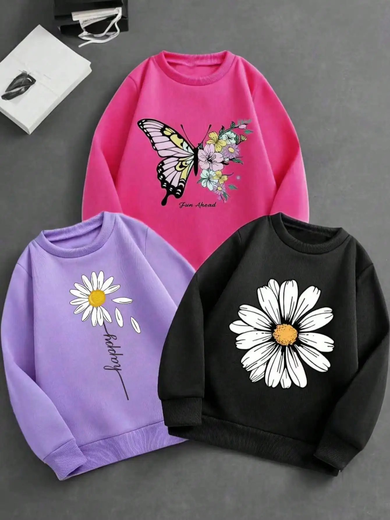 

3-piece girls' casual round neck long sleeved pullover with butterfly and floral prints, popular style