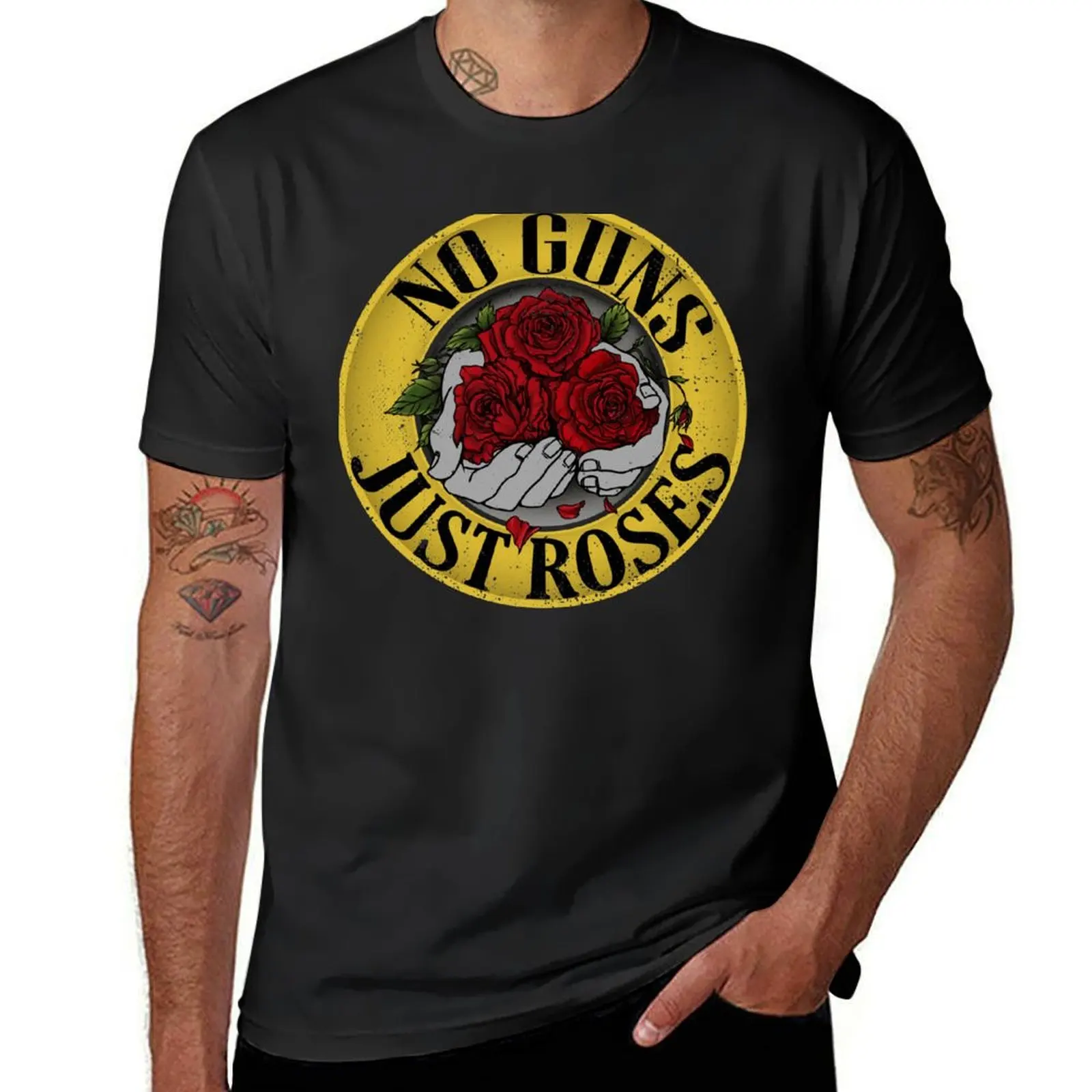 No guns, just roses, Hand holding Roses in Rockstyle, Anti Gun Quote T-Shirt tops vintage black t-shirts for men