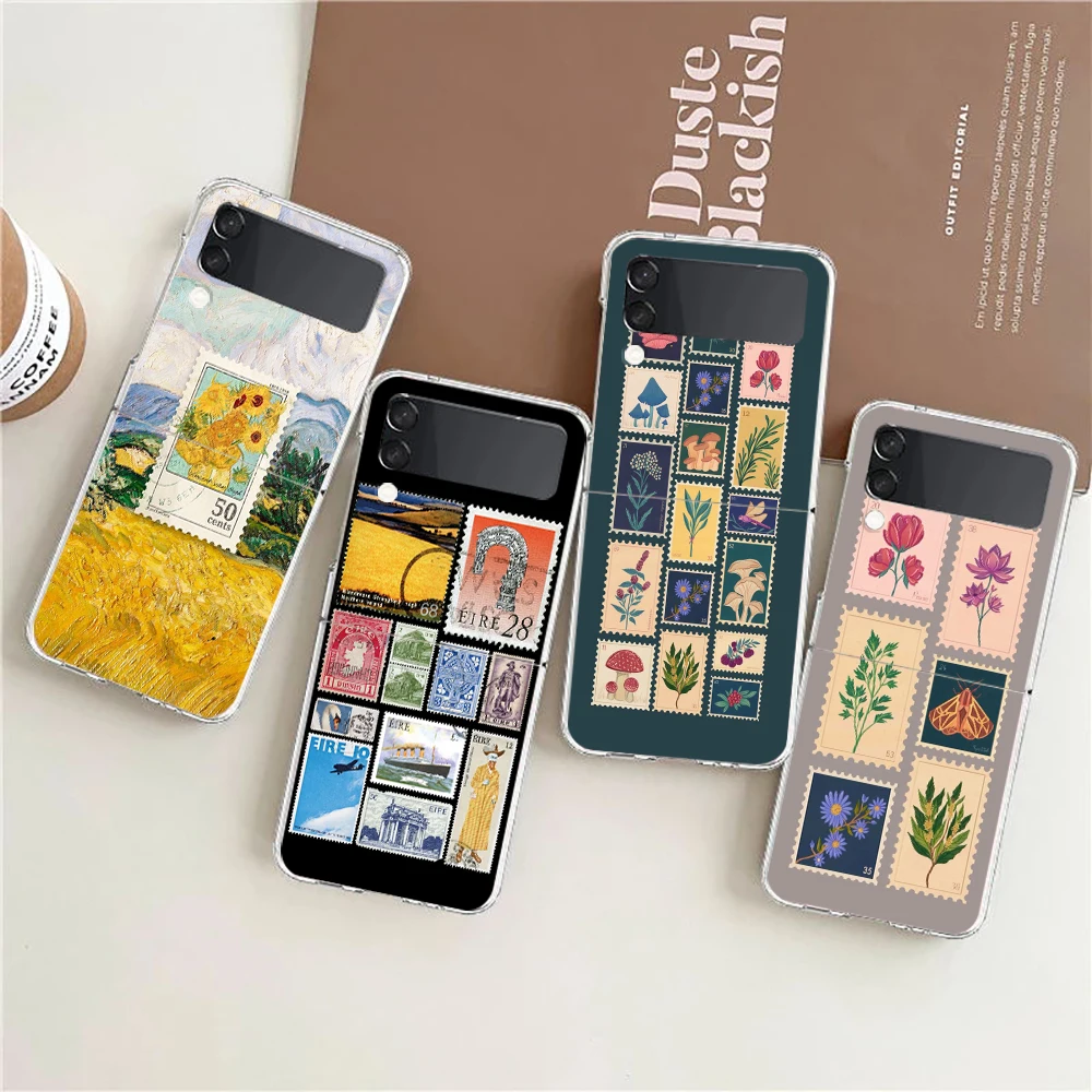 Transparent Phone Case For Samsung Galaxy Z Flip 3 4 5 6 7 Hard Folding PC Z Flip3 Flip4 Cover Vintage Stamp Puzzle
