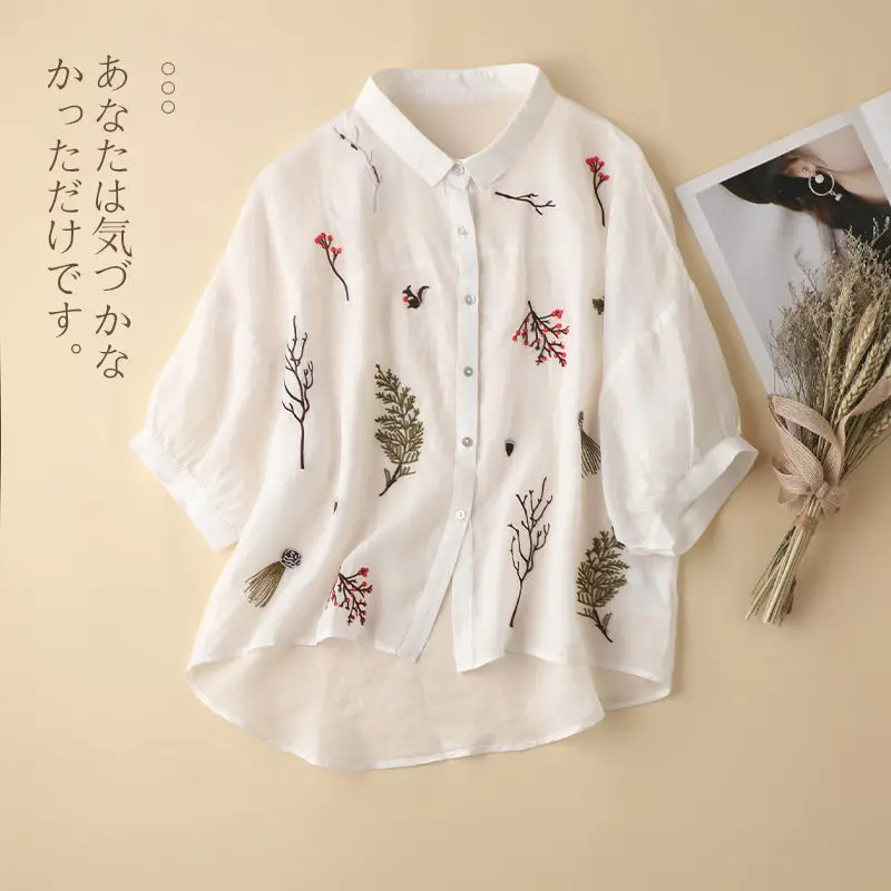 2023 Summer New Solid Color POLO Collar Cotton Hemp Three Quarter Shirt Women Vintage Embroidered Loose Casual Puff Sleeve Tops