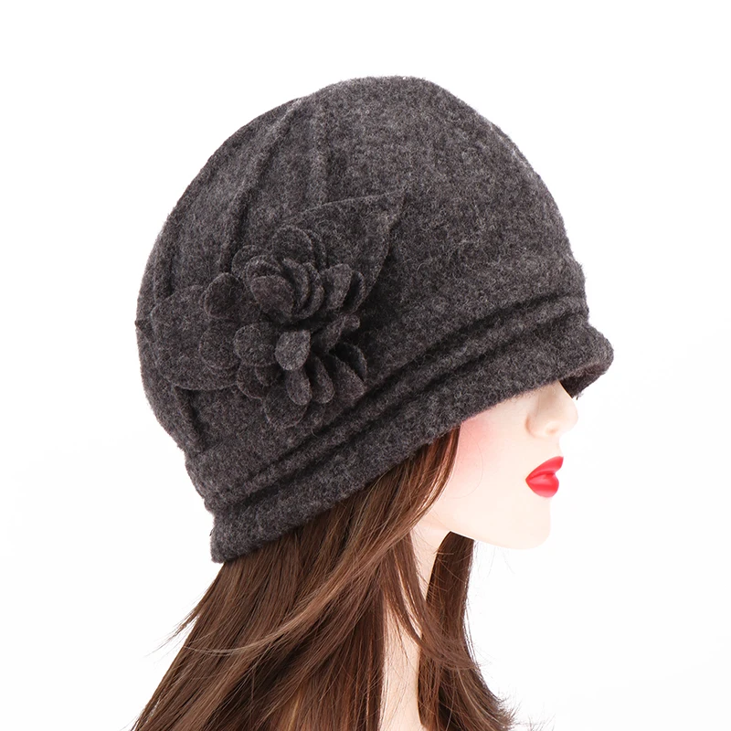 Vintage WoMen's Elegant Winter Hat Wool Flower Bucket Cloche Ladies Wide Brim Cashmere Woolen Berets Hat Wedding Church Gorros