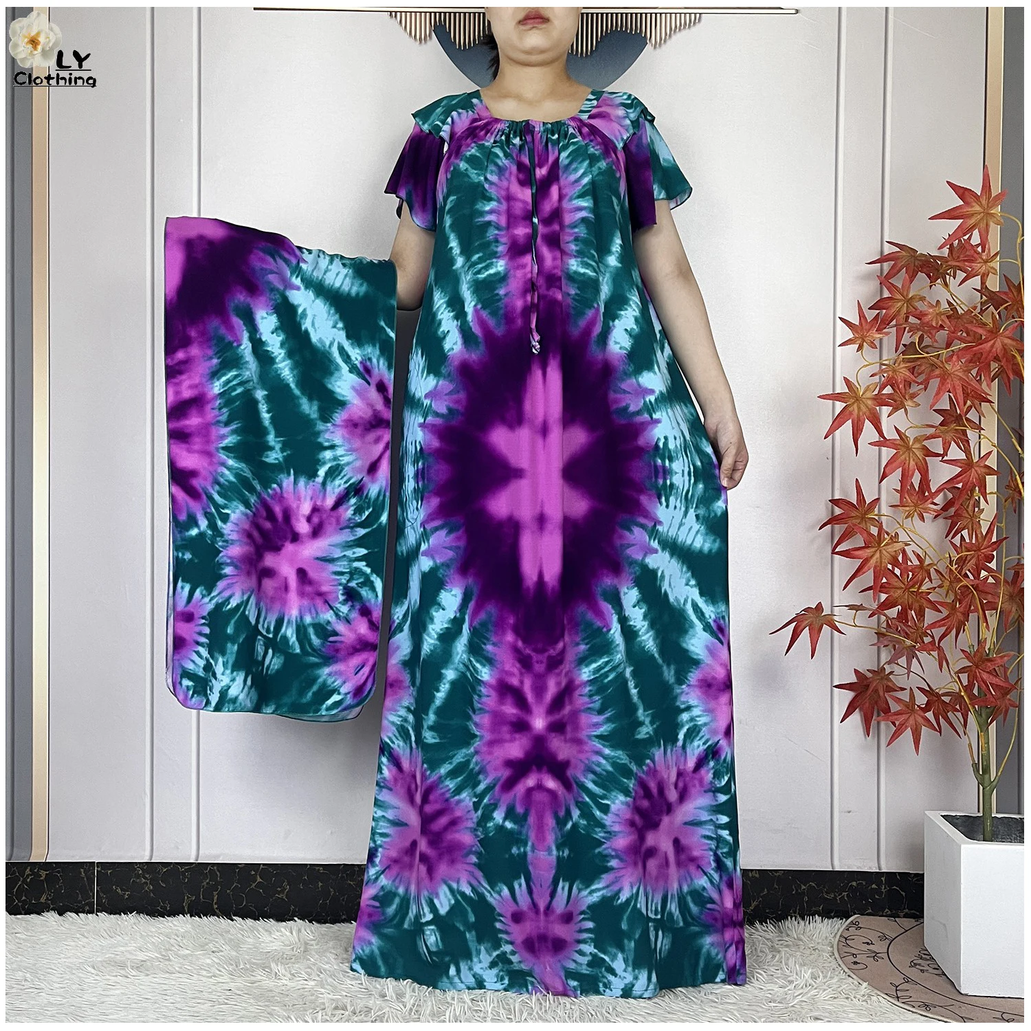 Abaje muzułmańskie z bawełny z krótkim rękawem i dekoltem w łódkę dla kobiet, Dashiki Dubai Kaftan Femme, luźna szata, afrykańskie sukienki islamskie z szalem, 2025