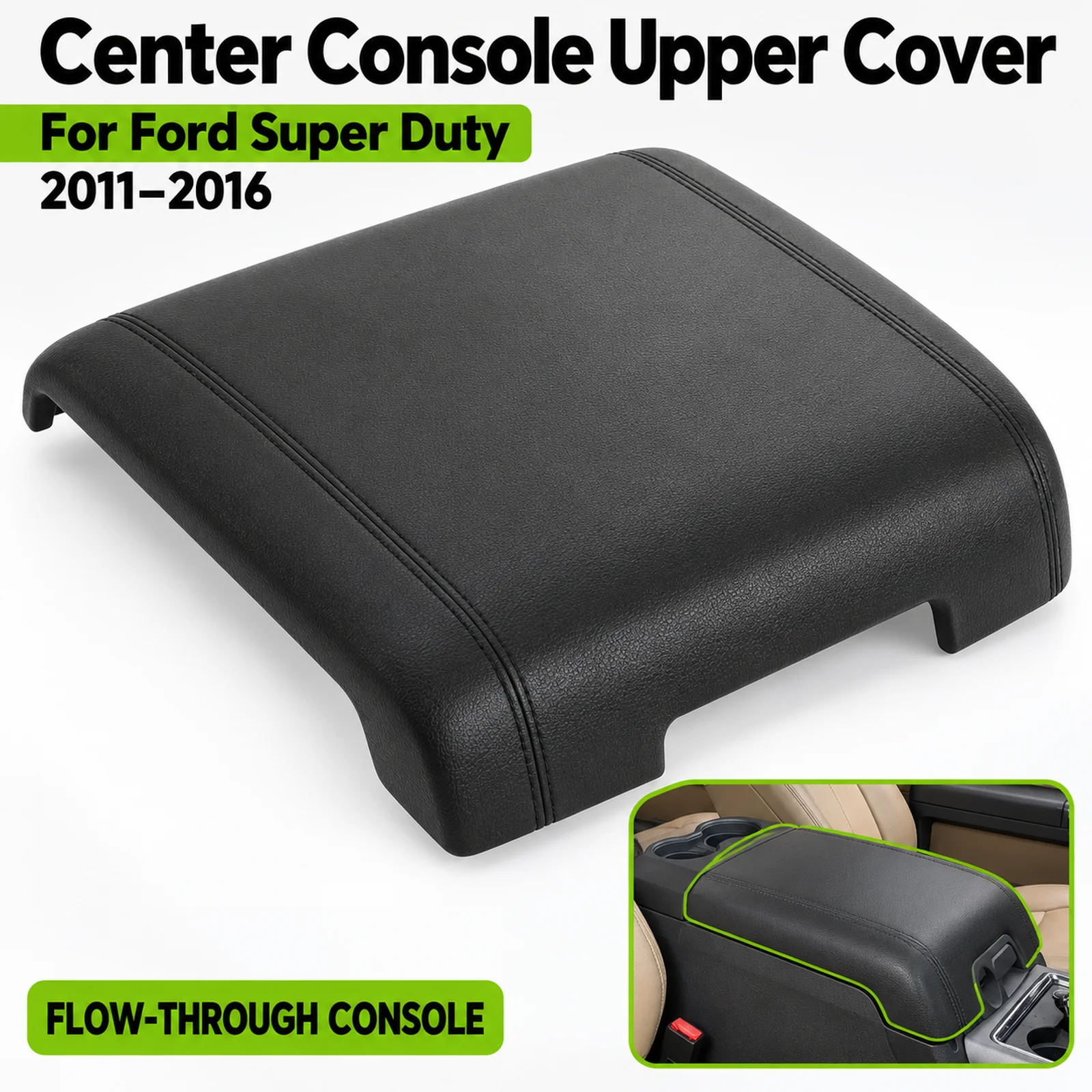 Black Center Console Upper Cover For Ford F250 F350 F450 F550 Super Duty 2011-2016 Flow Through Armrest Lid Skin Replacement 1PC
