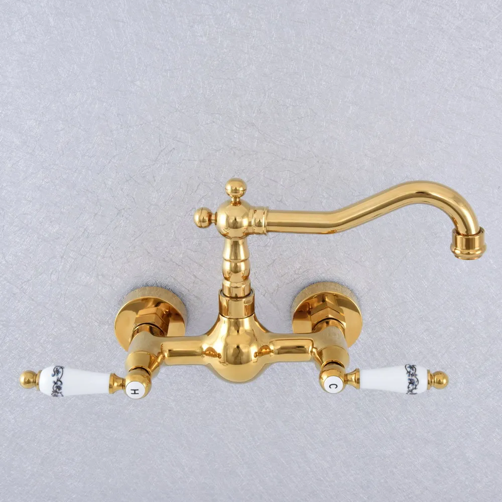 

Polished Gold Color Brass Bathroom Kitchen Sink Basin Faucet Mixer Tap Swivel Spout Wall Mounted Dual Ceramic Handles msf609