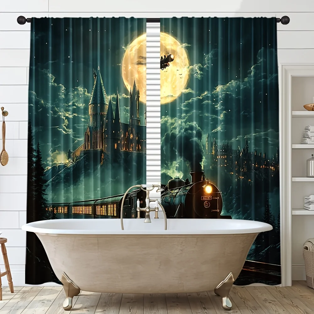 2pcs Magic Castle Curtains Moonlit Train Fantasy Print Drape Game Room Bedroom Window Treatment Mystical Home Decor Panels