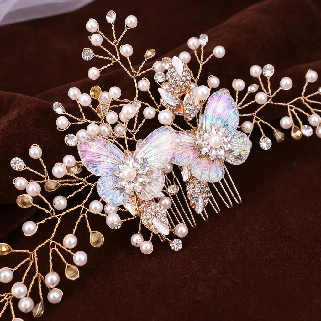 

Vintage Pearl Butterfly Hair Comb Hand-made Iridescent Bun Pin For Wedding And Party