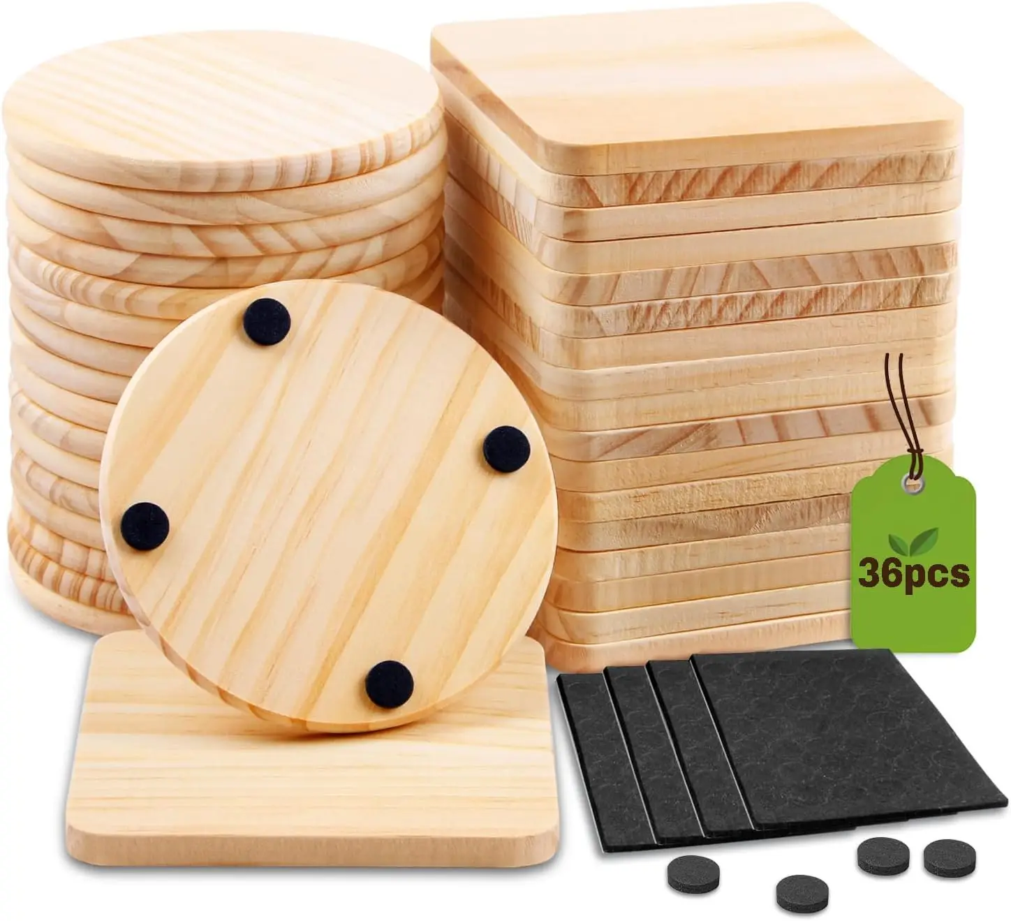 

36 Pcs Unfinished Wood Coasters for Crafts, 4 Inch Blank Wooden Coasters with Non-Slip Pads for DIY Painting, Engraving, Home
