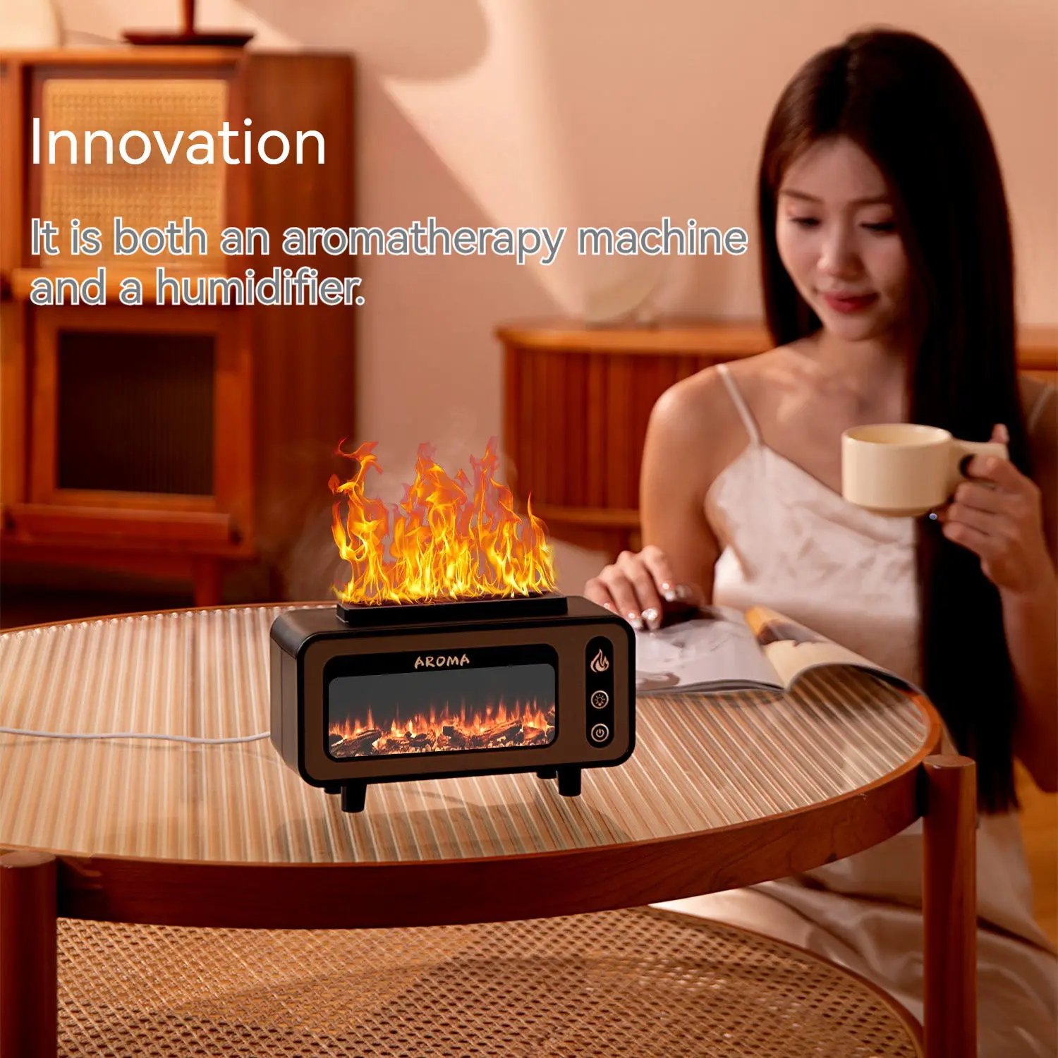 Vintage Fireplace Night Lights Simulation Flame Humidifier Home Desktop Aromatherapy Oil Diffuser Winter Christmas Creative Gift