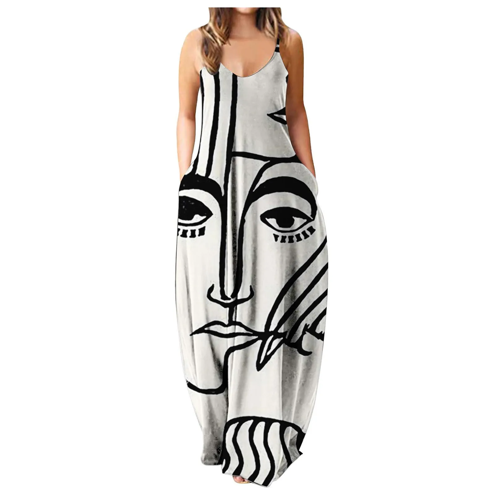 Pregnant Women\'s Summer Strapless Long Dress With Abstract Face Digital Print  Stylish  Comfortable For Streetwear Breathable