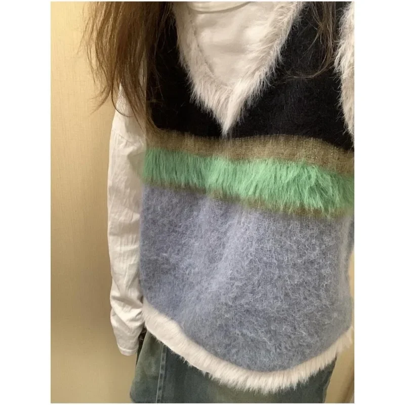 Women Color Block Vintage V-Neck Sweater Vest 2024 Fall Winter Korean Fashion New in Knit Niche Design Spliced Loose Tops