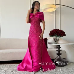 Arabian Fuchsia Evening  Dress Off The Shoulder Customized Sparkling Beading Pearls Straight Prom Gown with Satin Train