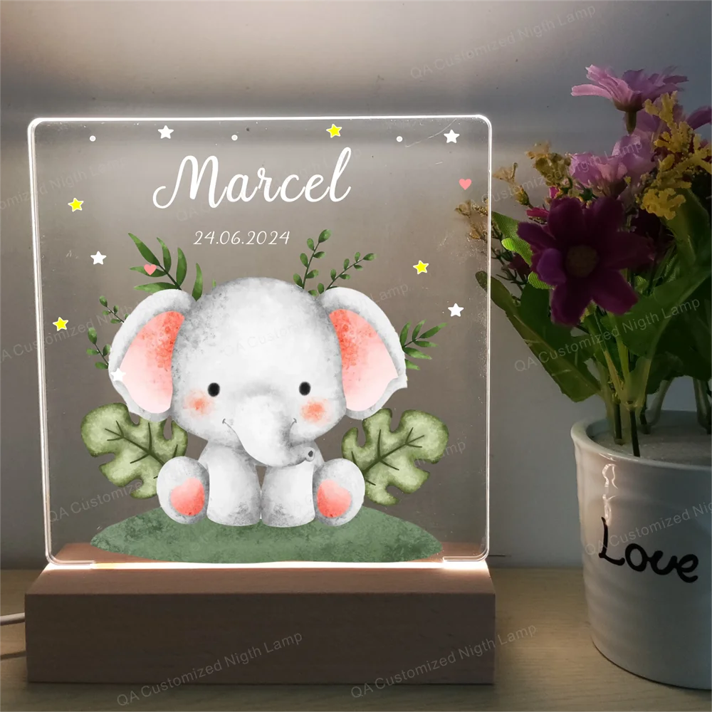 Kids Custom Name Acrylic Night Light Wooden Base LED Bedside Lamp Illusion Elephant Pattern Personalized Baby Birthday Gift
