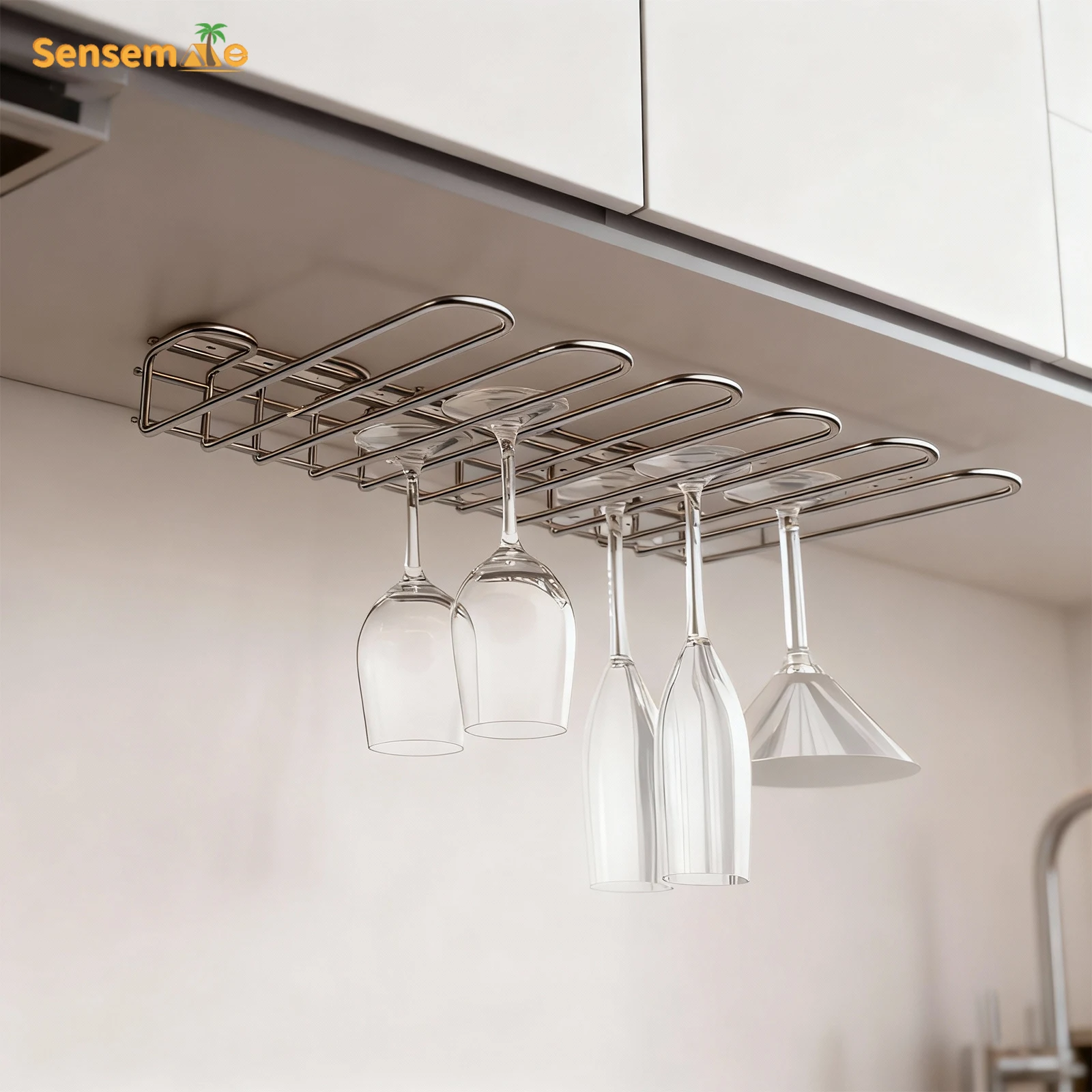 

Under Cabinet Wine Glass Rack Hanging Stemware Holder 320mm Chrome Steel Bar Kitchen 2-Way Mount 5 Row Wine Glass Hanger Shelf