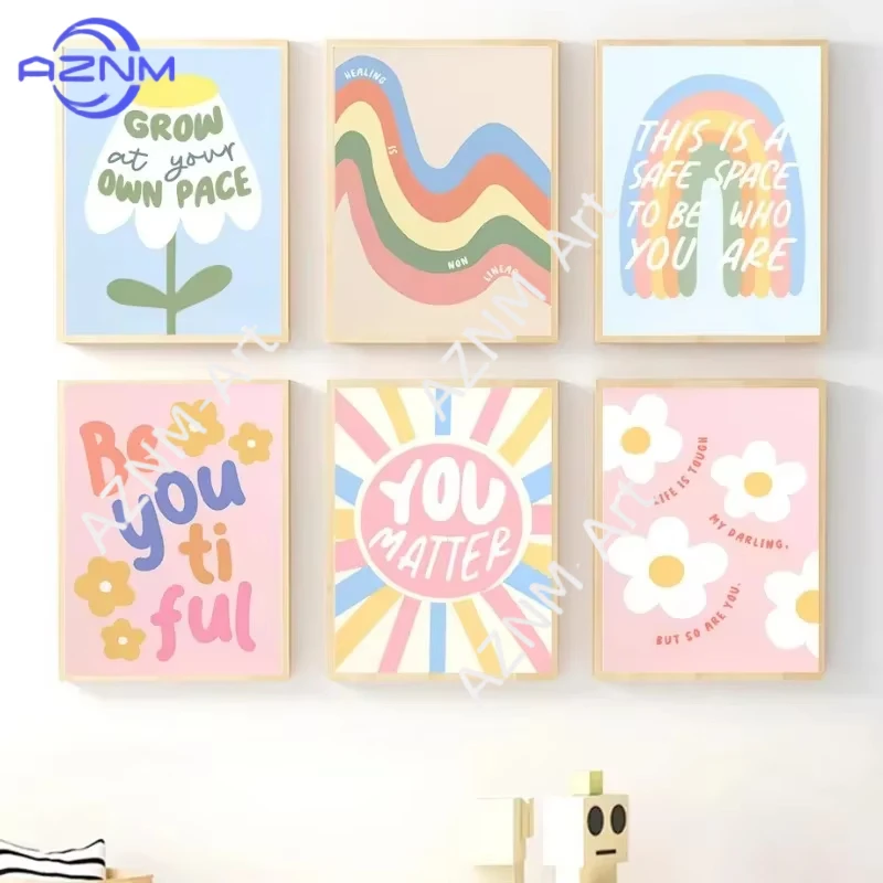 1/6pcs  Bohemian Style Nursery Poster Rainbow Sunflowers Pink and Green Print Art Wall Art Field Nursery Canvas Painting