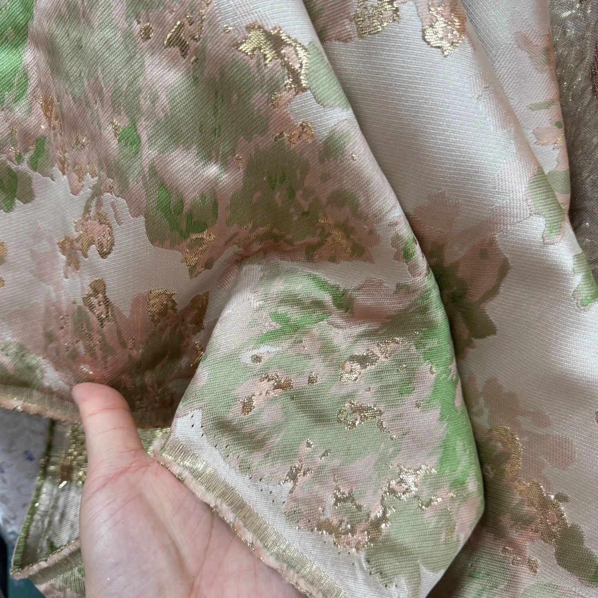 Pink  Green Contrast Oil Painting Style Embossed Jacquard Fabric Designer Cloth for Sewing Qipao Cheongsams and Dresses