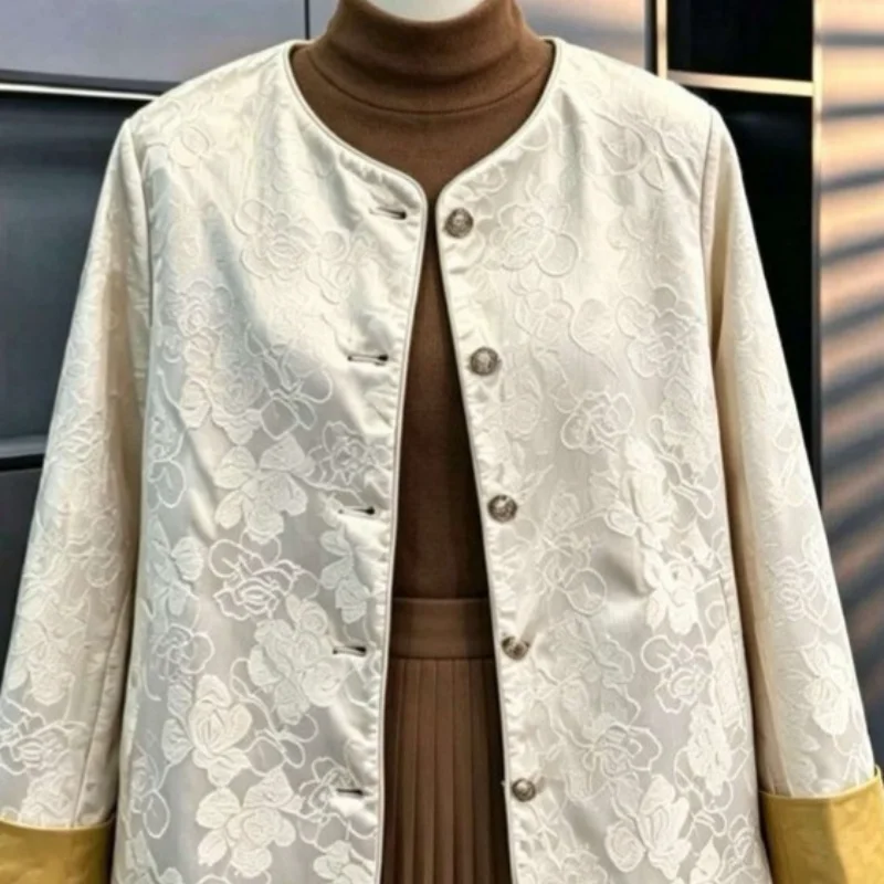 Jacquard Wpmen Elegant Chinese Tradition Clothes Shirt Long Sleeve Patch Work Jacket Vintage Button Round Collar Blouse Tops
