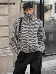 Mauroicardi Autumn Winter Thick Warm Colorful Herringbone Plaid Woolen Jacket Men Shoulder Pads Long Sleeve Zip Up Clothes 2023