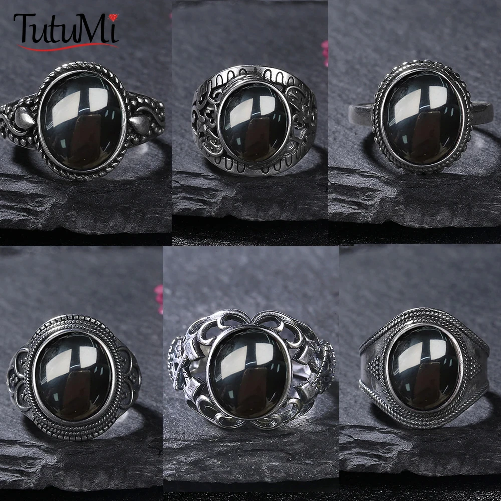 925 Sterling Silver Ring for Women Gift 10*12mm Sun Shaped Natural Black Agate Ring Oval Round Retro Jewelry