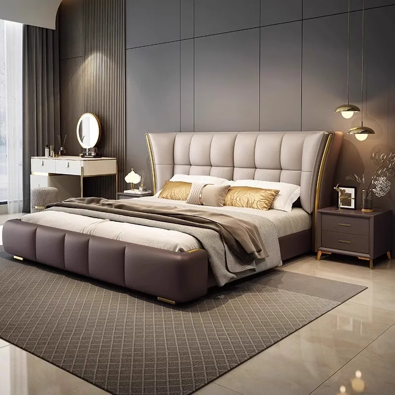 Modern Luxury Wood Bedroom Furniture Soft Up-holstered Beds king Size Adult Double Bed Frame Leather Padded Set Storage Design