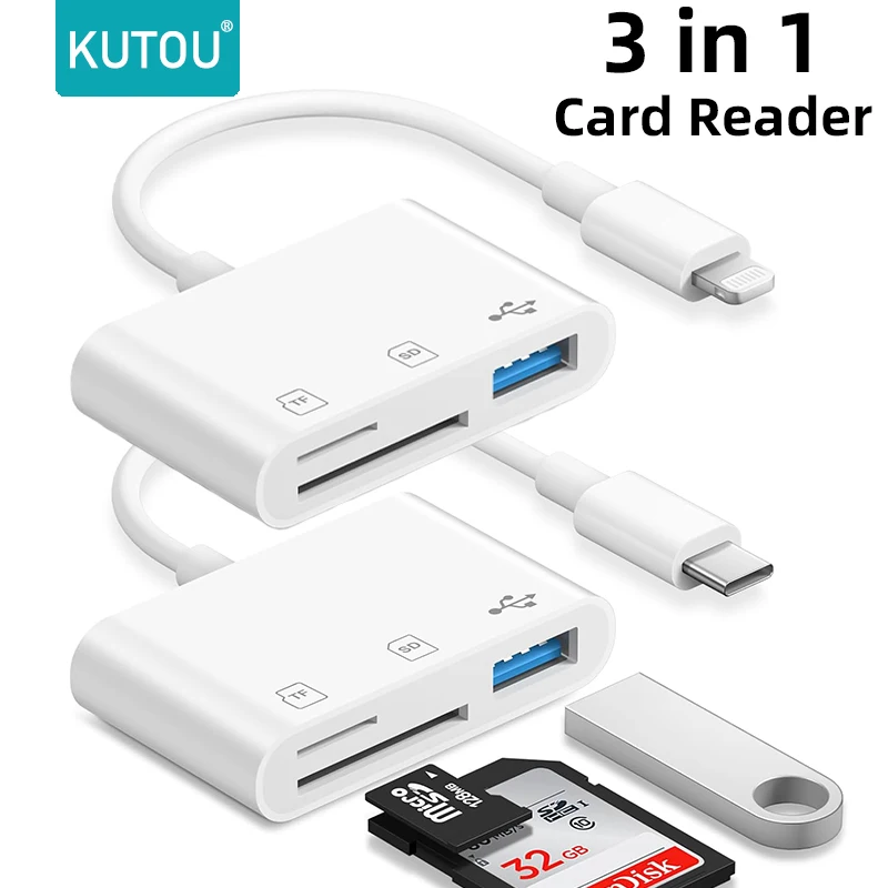 KUTOU 3 In 1 Adapter TF CF SD Memory Flash Card Reader  USB Type C OTG Writer for iPhone for iPad Macbook Huawei Samsung Xiaomi