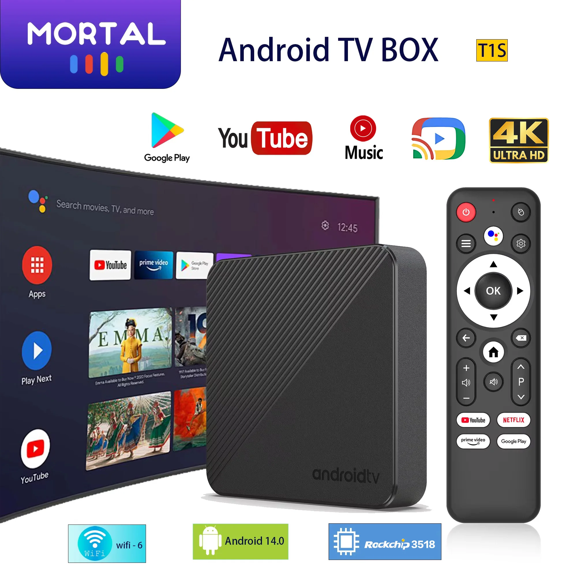 Android 14 Mortal T1S TV Box Wifi6 1000M Smart 4K Free Live TV Heimkino AllwinnerH313 Streaming MediaGlobal Version Youtube
