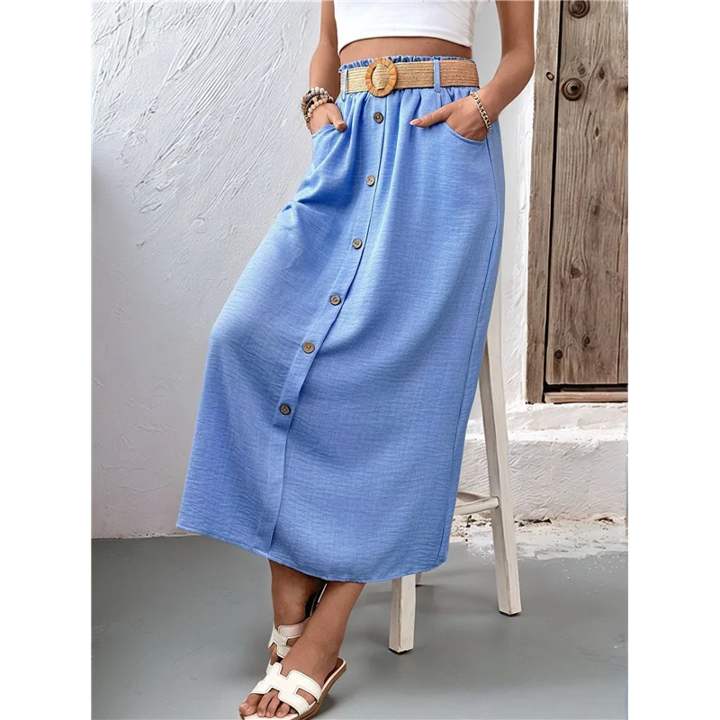 ABRT-Women's Belted A-Line High Waist Button Skirt With Pockets