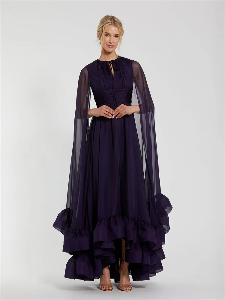 New Arrival Keyhole Neckline Long Cape Sleeves Straight Chiffon Evening Dress Elegant Back Zipper Floor Length Gown For Women