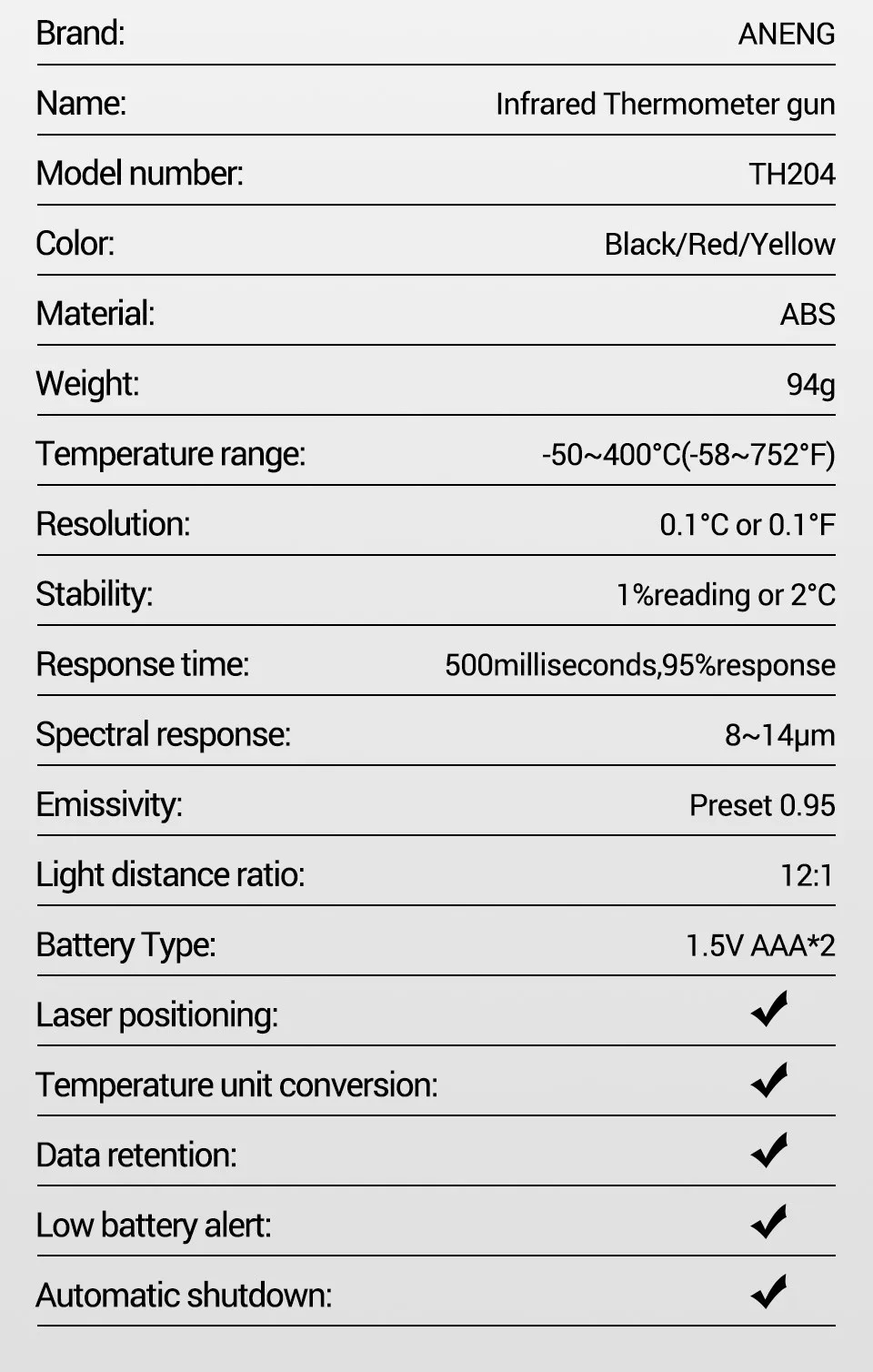 ANENG TH204 Infrarot-Thermometer Handgehaltene Temperaturmesspistole Berührungsloser Laser-Wärmetester -50-400 ° C für Industrie, Haushalt, Automobil – Detail 13