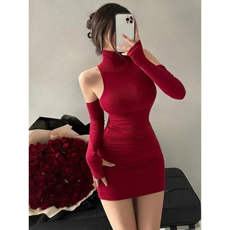 

2025 New Women's Mini Dress Sleeveless Pleated Skinny Dress High Neck Lace Up Autumn Black Tight Elastic Party Tank Dresses
