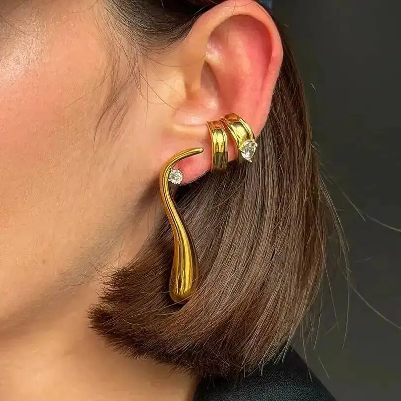SHIXIN Classic 18K Gold Color Plated Stainless Steel Ear Clip Women Luxury Droplet Shaped Zircon Earring Waterproof Jewelry Gift