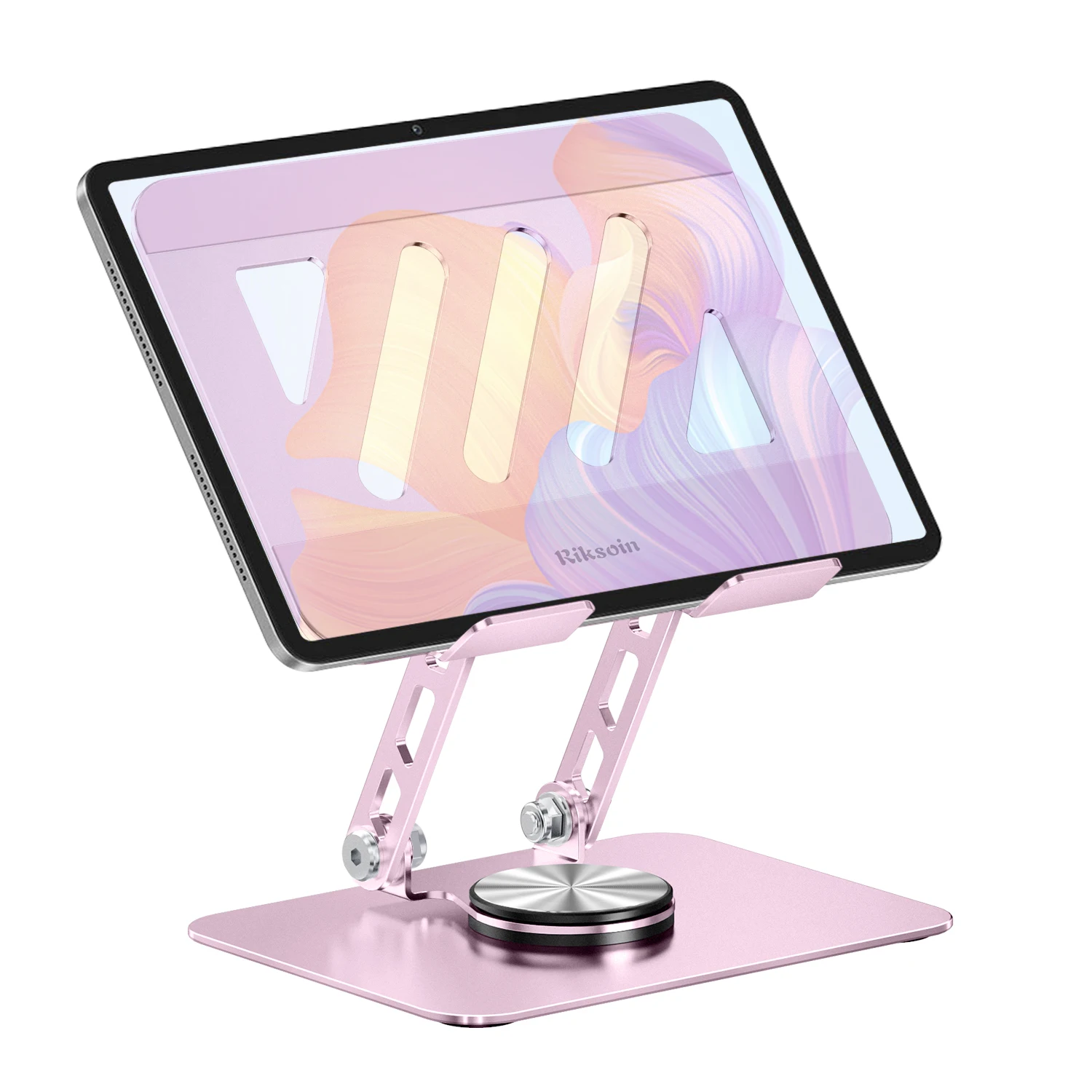 RIKSOIN Desktop Tablet Stand with 360° Rotating Base, Ergonomic Design, Bottom Ventilation, Dual-Rod Support, Adjustable Home Of