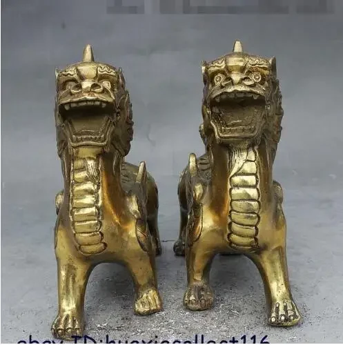 Folk Fengshui China Brass Fly Dragon Unicorn Beast Lion Guard Animal Statue Pair