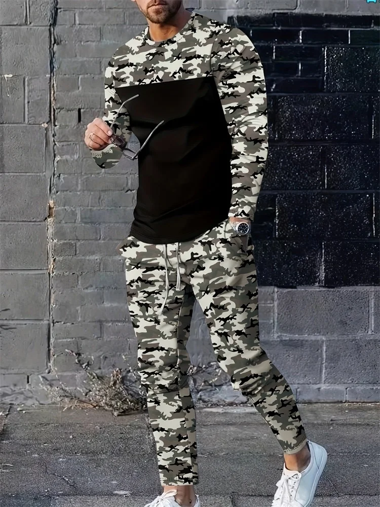 3D Camouflage Printed Men's Set Spring And Autumn Everyday Casual Men's Long Sleeve T-shirt Outdoor Street Fashion Men's Pants