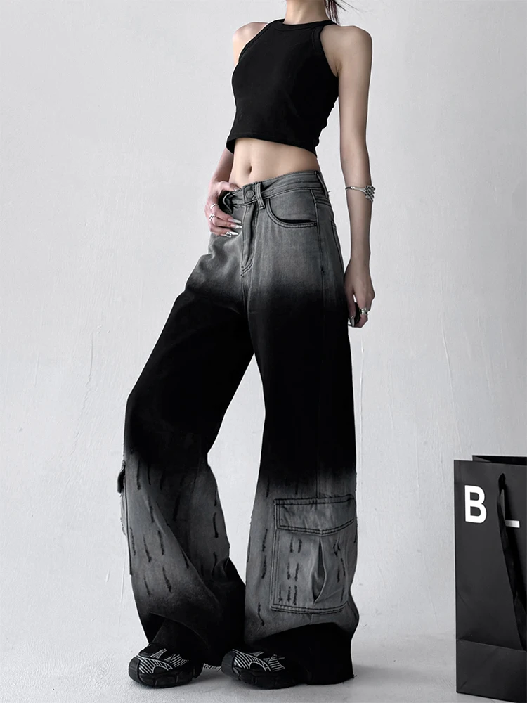 Pantalones de trabajo de pierna ancha de cintura alta Retro para mujer primavera 2025 adelgazantes Color adient más alto corte recto pantalones vaqueros de mezclilla