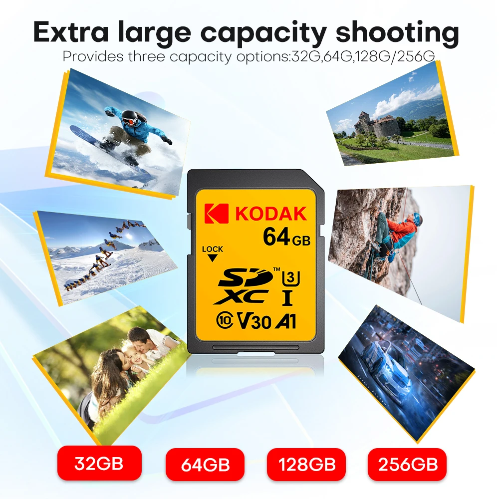 KODAK 100% Original 64GB 128GB SD Card Memory Cards Class10 256GB U3 HD SD Card Memory Card SDXC V30 Memory Cards for Camera