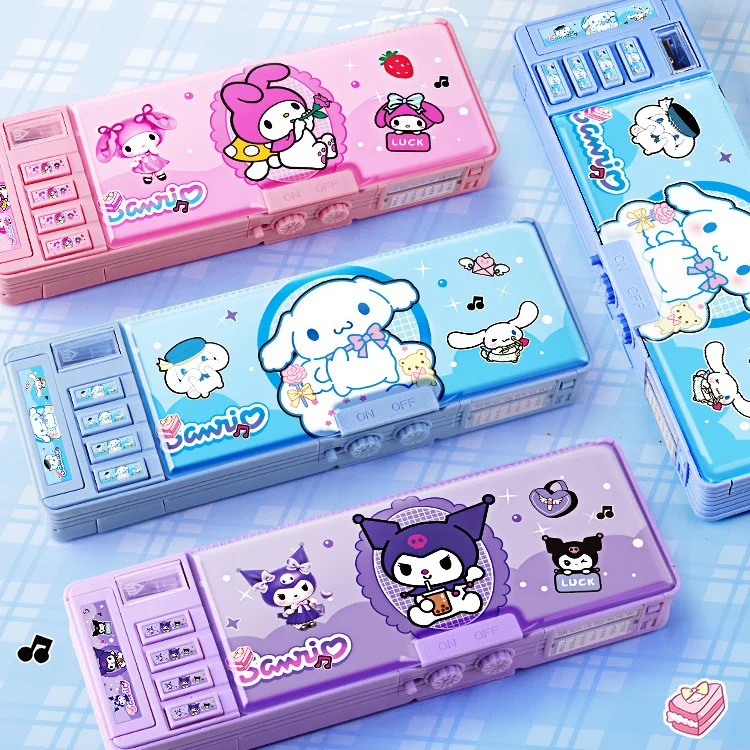Astuccio per matite Kawaii Cinnamoroll Kuromi Melody Astuccio multifunzione a doppio strato con serratura codificata di grande capacità Cancelleria per studenti