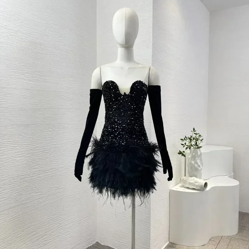 Women's Black Mini Dress Long Sleeve Feather Sequins Diamonds Sexy Style Tube for Party New High Quality 2024