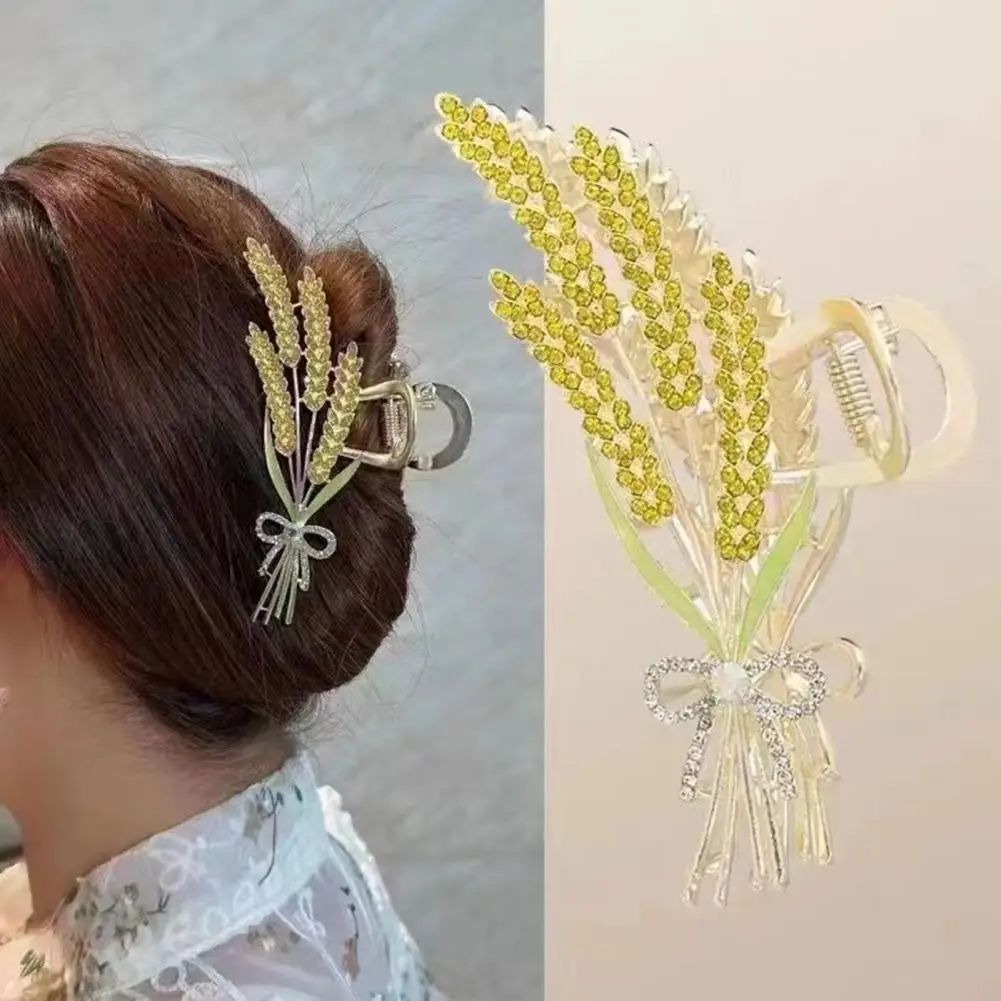 Women Hair Claw Metal Hair Clip Elegant Rhinestone Hair Clip with Wheat Ears Bowknot Barrette Women's Shining Claw for Bath