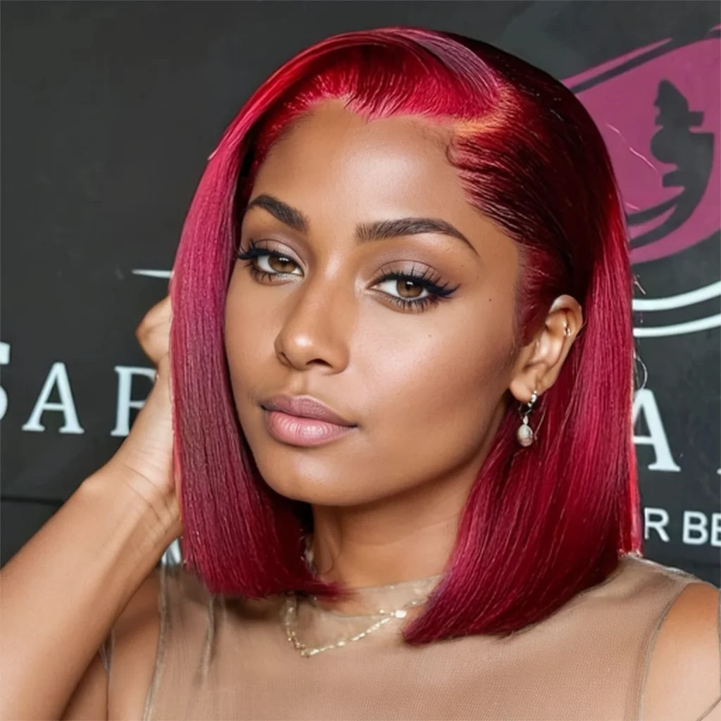 

Парик-боб из натуральных волос 13X4 HD с прямым кружевным фронтом, короткий прямой парик-боб для чернокожих женщин, цвет винно-красный 99J бордовый