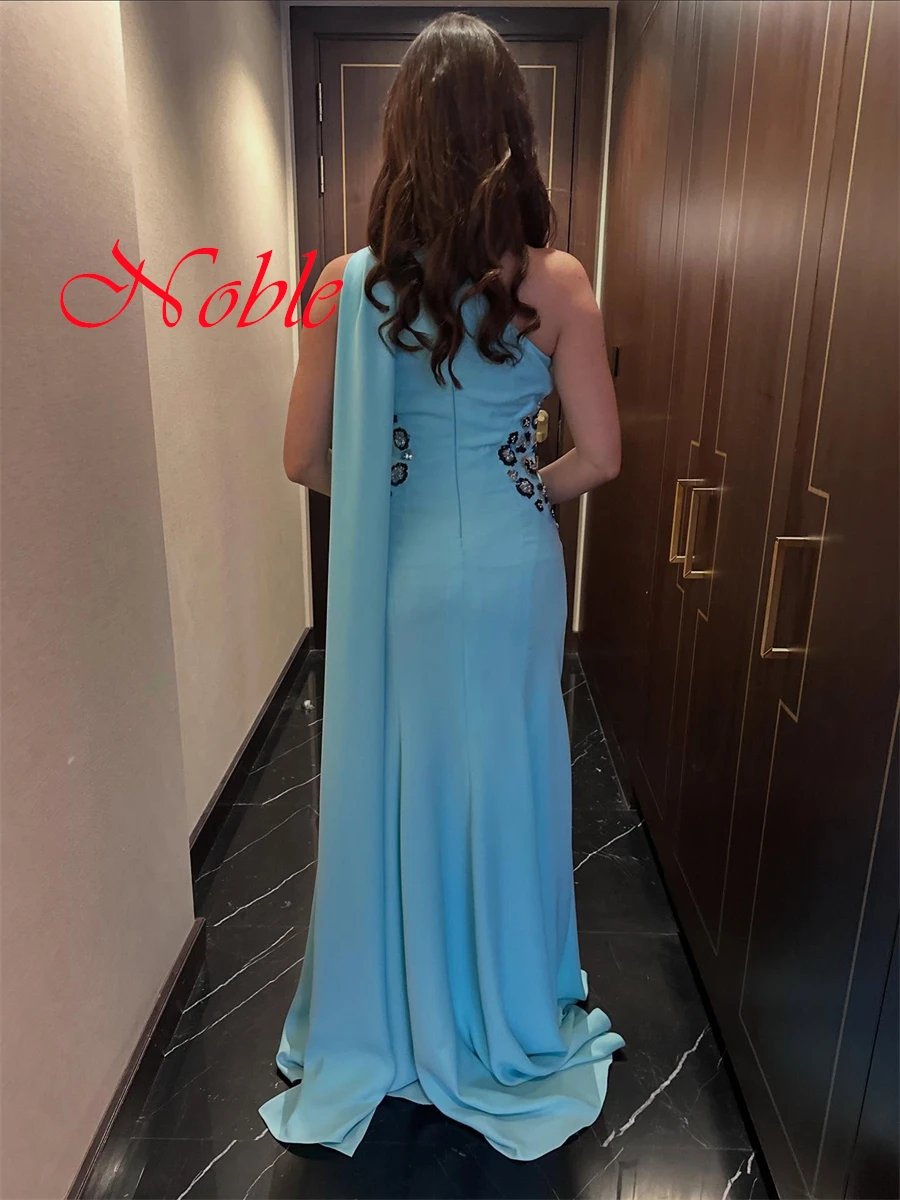 Customized Delicate Light Blue Jersey Evening Dress Graceful One Shoulder Ribbon Zipper Back Beading Flowers Homecoming Dress