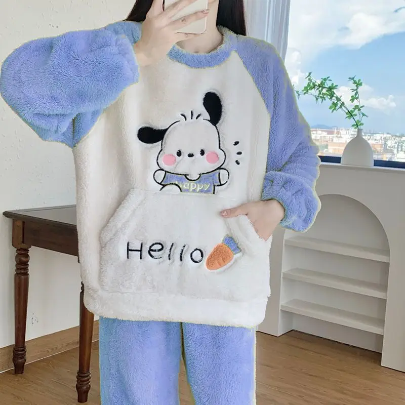 

Sanrio Pochacco пижамы из кораллового флиса, утолщенные и однотонные осенне-зимние фланелевые домашние одежды, зимний теплый комплект, пижама